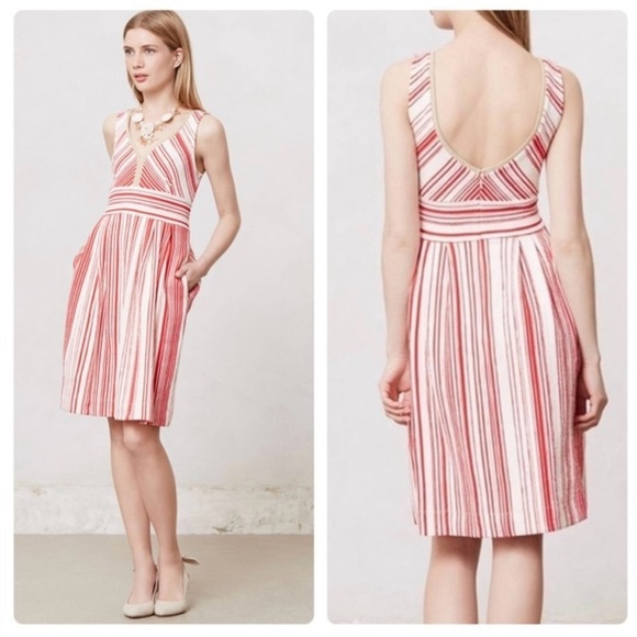 ANTHROPOLOGIE Postmark Poppy Stripe Dress Red Cream V-Neck Knee Length Size 2 - Picture 1 of 16